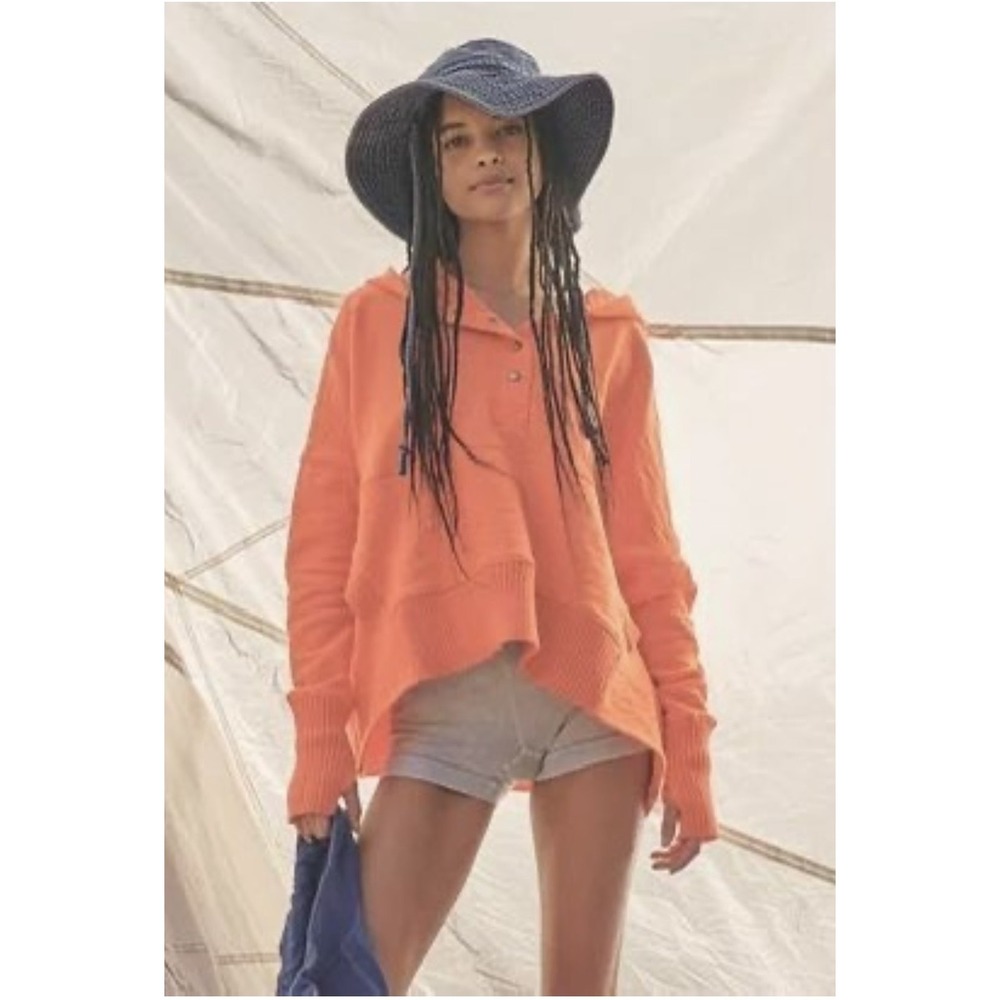 Free People‎ Sweatshirt Womens Medium Orange Hooded Henley Dolman Sleeve Sweater